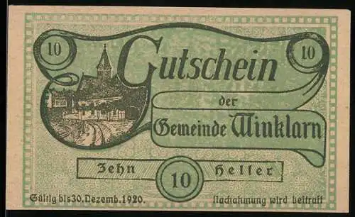 Notgeld Winklarn 1920, 10 Heller, Ortsansicht und Schriftzug der Gemeinde