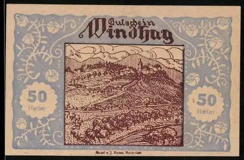 Notgeld Windhag 1920, 50 Heller, Landschaftsmotiv mit Dorfansicht und Ornamenten