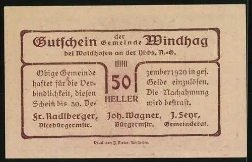 Notgeld Windhag 1920, 50 Heller, Landschaftsmotiv mit Dorfansicht und Ornamenten