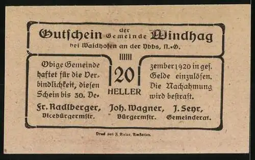 Notgeld Windhag 1920, 20 Heller, Landschaftsansicht mit Hügeln und Dorf