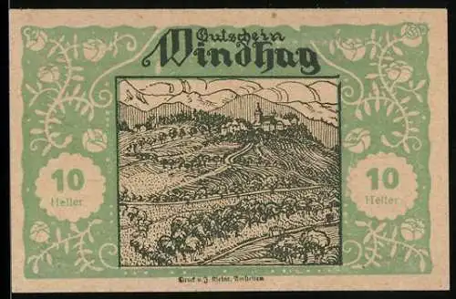 Notgeld Windhag 1920, 10 Heller, Landschaftsmotiv mit Hügel und Dorfansicht