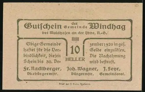 Notgeld Windhag 1920, 10 Heller, Landschaftsmotiv mit Hügel und Dorfansicht