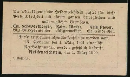 Notgeld Heidenreichstein 1920, 50 Heller, Burg Heidenreichstein und Eichblattverzierungen