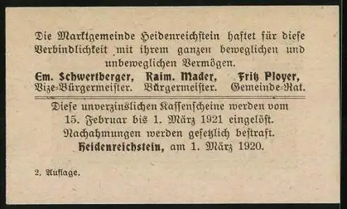 Notgeld Heidenreichstein 1920, 20 Heller, Burg Heidenreichstein, Marktgemeinde Heidenreichstein