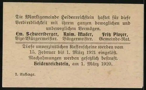 Notgeld Heidenreichstein 1920, 10 Heller, Prangersäule und Wappen der Marktgemeinde