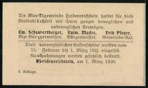 Notgeld Heidenreichstein 1920, 20 Heller, Burg Heidenreichstein, Marktgemeinde Heidenreichstein