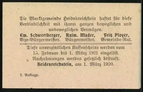 Notgeld Heidenreichstein 1920, 10 Heller, Motive mit Säule und Wappen, Text zur Einlösung und Haftung