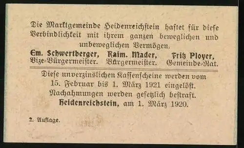 Notgeld Heidenreichstein 1920, 20 Heller, Burg Heidenreichstein