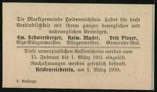 Notgeld Heidenreichstein 1920, 10 Heller, Kassenzeichen mit Wappen und Textbeschreibung