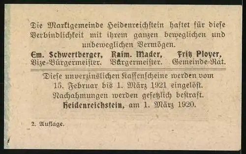 Notgeld Heidenreichstein 1920, 20 Heller, Darstellung der Burg Heidenreichstein