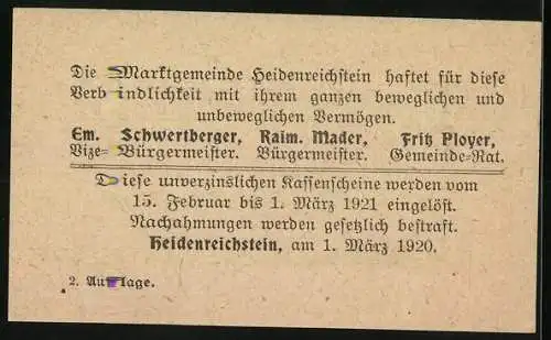 Notgeld Heidenreichstein 1920, 10 Heller, Marktsäule und Wappen der Marktgemeinde Heidenreichstein