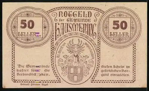 Notgeld Hausmening 1920, 50 Heller, Frauenporträt und Wappen, Gültigkeit bis 31.12.1920