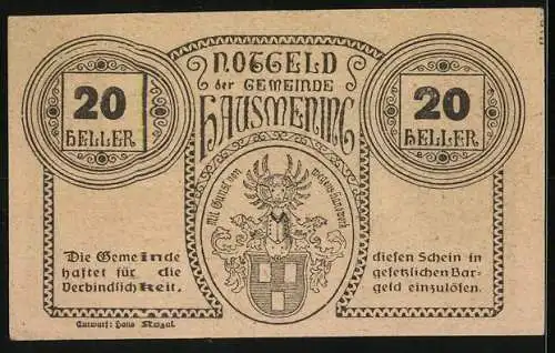 Notgeld Hausmening 1920, 20 Heller, Frauenportrait und Wappen der Gemeinde Hausmening