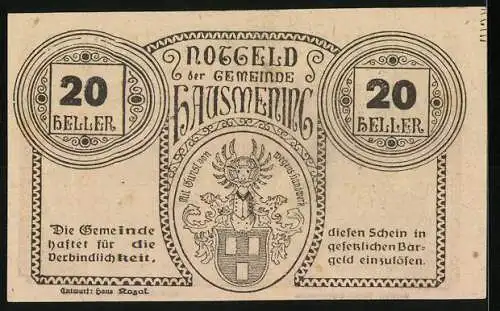 Notgeld Hausmening 1920, 20 Heller, Frauenporträt und Wappen der Gemeinde