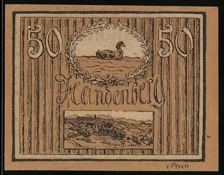 Notgeld Handenberg 1920, 50 Heller, Ente und Landschaftsmotiv