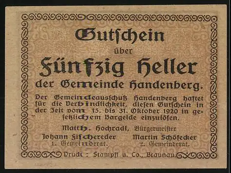 Notgeld Handenberg 1920, 50 Heller, Ente und Landschaftsmotiv