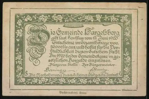 Notgeld Hargelsberg 1920, 50 Heller, Paar in Tracht und Dorflandschaft mit Kirche