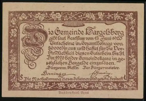 Notgeld Hargelsberg 1920, 10 Heller, bäuerliche Szenen mit Landschaft und Tieren