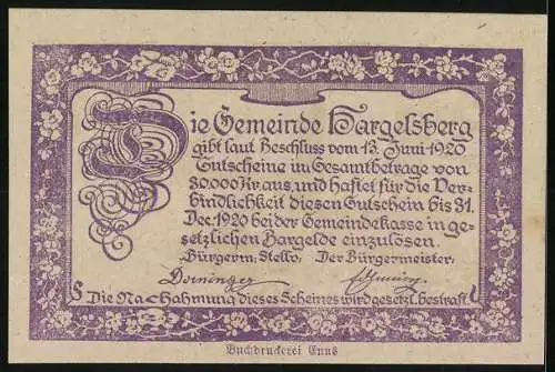 Notgeld Hargelsberg 1920, 20 Heller, Dorfkirche und ländliche Szenen, florale Bordüre