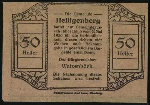 Notgeld Heiligenberg 1920, 50 Heller, Jugendstil-Dekor und Bürgermeister Watzenböck