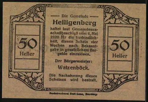 Notgeld Heiligenberg 1920, 50 Heller, Ornamentmuster mit Text und Wertangabe