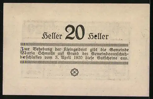 Notgeld Maria Schmolln 1920, 20 Heller, violette Umrandung, Text mit Ausgabedatum und Ornamenten