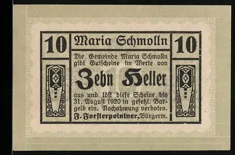 Notgeld Maria Schmolln 1920, 10 Heller, Textmotiv mit Gültigkeitsdatum und Verzierung