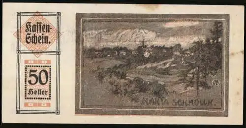 Notgeld Maria Schmolln 1920, 50 Heller, Landschaftsmotiv mit Dorfansicht