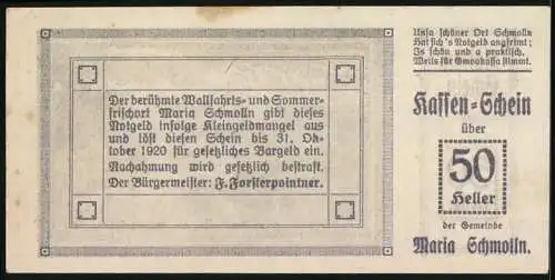 Notgeld Maria Schmolln 1920, 50 Heller, Landschaftsmotiv mit Dorfansicht