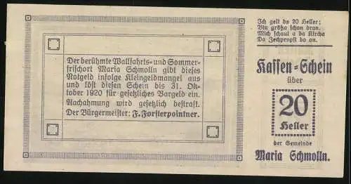 Notgeld Maria Schmolln 1920, 20 Heller, Schmollner Berg Landschaftsmotiv