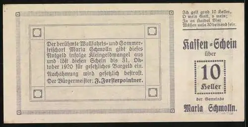 Notgeld Maria Schmolln 1920, 10 Heller, Landschaftsansicht mit Kirche, Text über Ausgabe und Gültigkeit