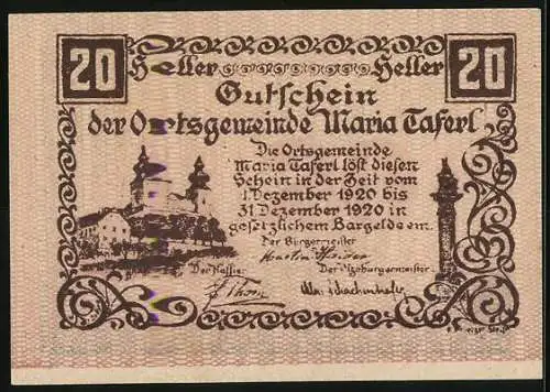 Notgeld Maria Taferl 1920, 20 Heller, Wallfahrtskirche mit Inschrift und Landschaftsszene