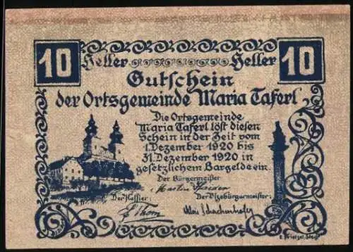 Notgeld Maria Taferl 1920, 10 Heller, Kirche und Martersäule, Detailreiche Verzierung