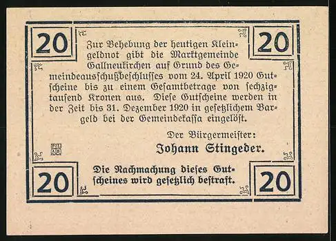 Notgeld Gallneukirchen 1920, 20 Heller, Stadtansicht von Gallneukirchen