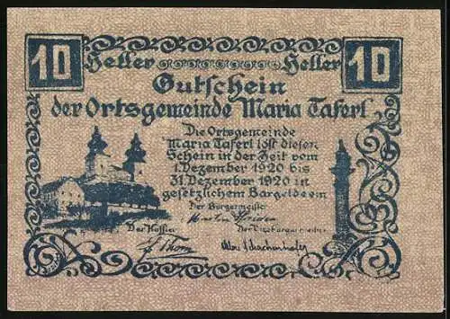 Notgeld Maria Taferl 1920, 10 Heller, Kirche und Baumkletterer-Motiv