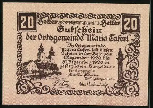 Notgeld Maria Taferl 1920, 20 Heller, Wallfahrtskirche und Figur des Kruzifixus mit Leiter