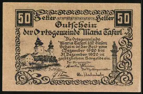 Notgeld Maria Taferl 1920, 50 Heller, Holzfäller-Motiv und Landschaft mit Kirche