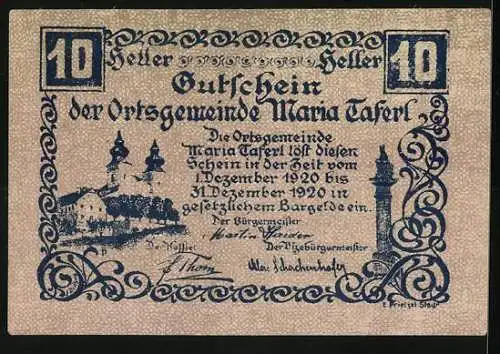 Notgeld Maria Taferl 1920, 10 Heller, Gnadenbild im Baum und Kirchtürme Motiv
