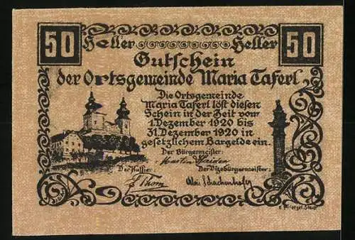 Notgeld Maria Taferl 1920, 50 Heller, Gnadenbild und Kirche, detaillierte Verzierung