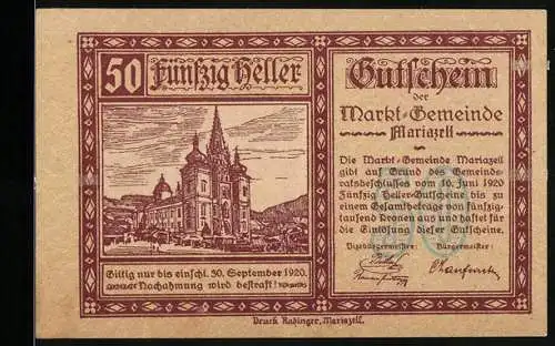 Notgeld Mariazell 1920, 50 Heller, Basilika Mariazell, Textfeld und Signaturen