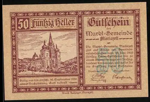 Notgeld Mariazell 1920, 50 Heller, Basilika-Motiv, Gutschein der Marktgemeinde