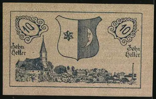 Notgeld Mattighofen 1920, 10 Heller, Landschaft mit Kirche und Wappen