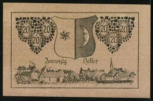 Notgeld Mattighofen 1920, 20 Heller, Wappen und Stadtansicht mit dekorativen Ornamenten