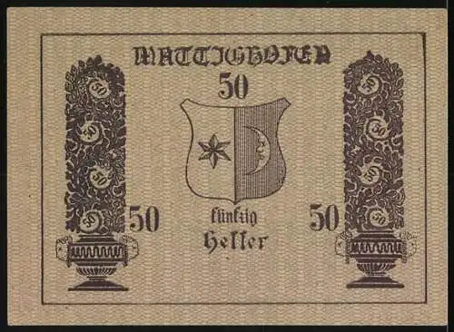 Notgeld Mattighofen 1920, 50 Heller, Stadtansicht mit Kirche, Wappen und Verzierungen