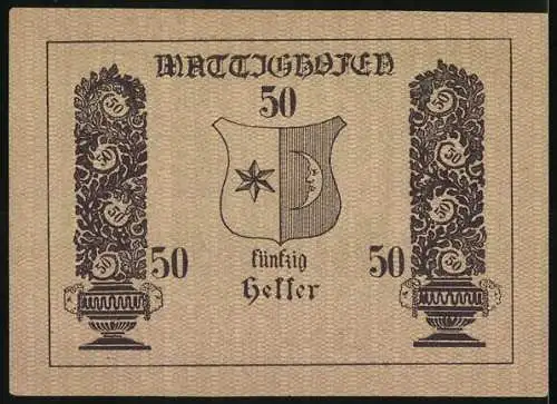 Notgeld Mattighofen 1920, 50 Heller, Dorfansicht mit Kirche, Fabrik und Wappen, ornamentale Gestaltung