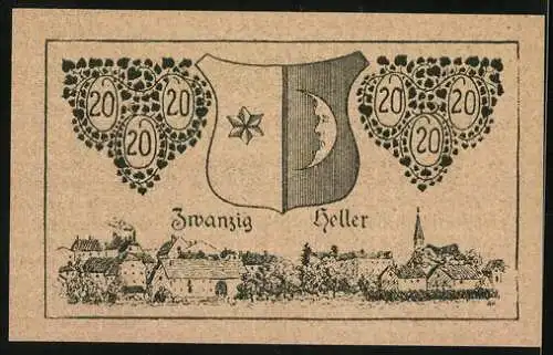 Notgeld Mattighofen 1920, 20 Heller, Wappen und Dorfszene mit Ornamenten