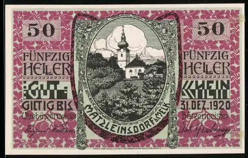 Notgeld Matzleinsdorf 1920, 50 Heller, Kirche und Landschaftsmotiv