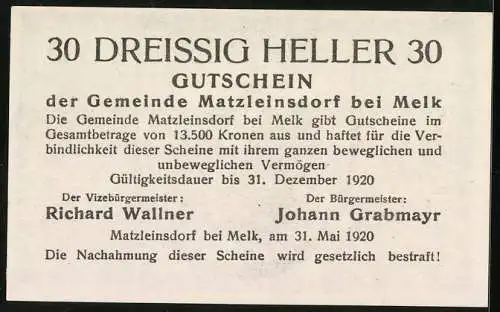 Notgeld Matzleinsdorf 1920, 30 Heller, Kirche und Landschaftsmotiv