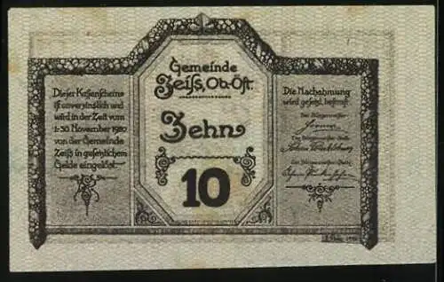 Notgeld Zeiss, 10 Heller, Brücke und dekorative Schriftzüge