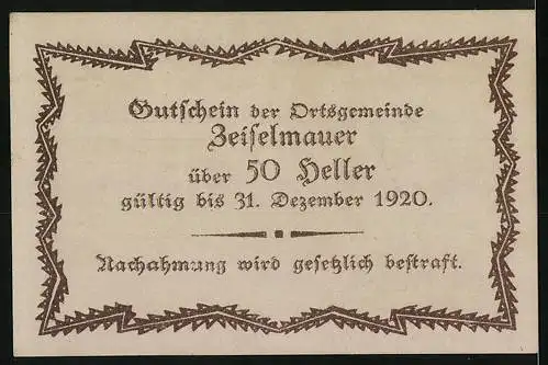 Notgeld Zeiselmauer 1920, 50 Heller, dekoratives Muster, Gültigkeit bis 31. Dezember 1920